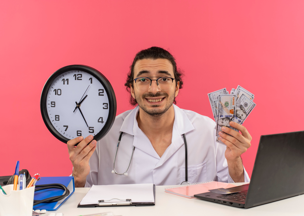 smiling-young-male-doctor-with-medical-glasses-wearing-medical-robe-with-stethoscope-sitting-desk